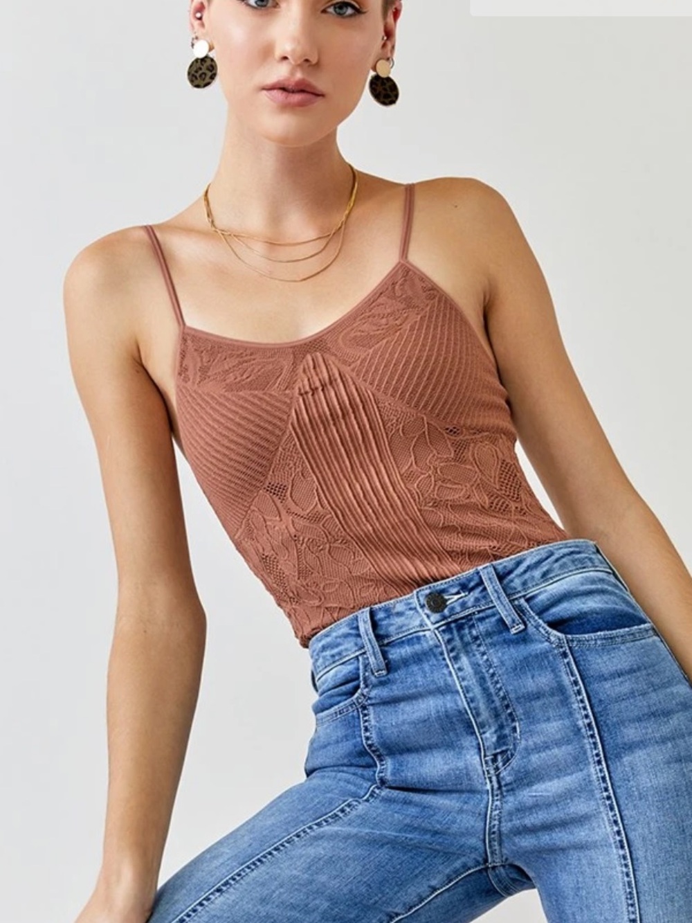 Francesca's Collections Ribbed Knit Dusty Rose Crochet Lace-Detail Seamless Cami